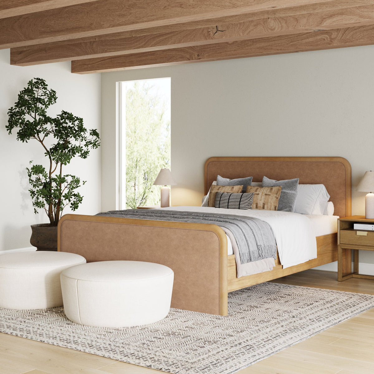 Wood Bed Frame in Light Brown Faux Leather | Size Queen