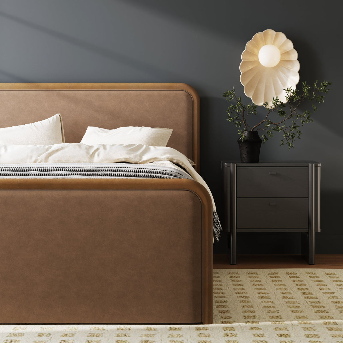 Wood Bed Frame in Light Brown Faux Leather | Size Queen