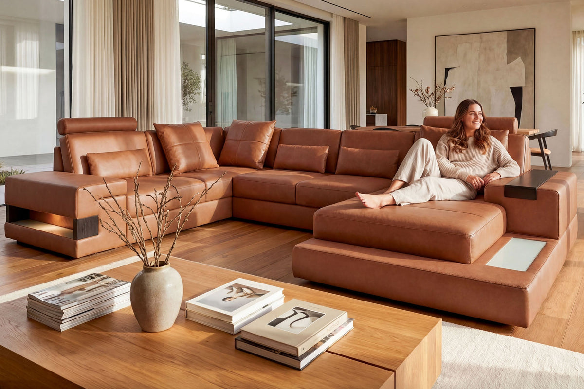Los Angeles Buffalo Full Leather U-Chaise Sectional