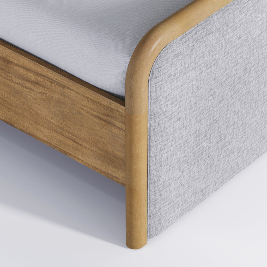 Wood Bed Frame in Feather Gray Upholstery | Size Queen