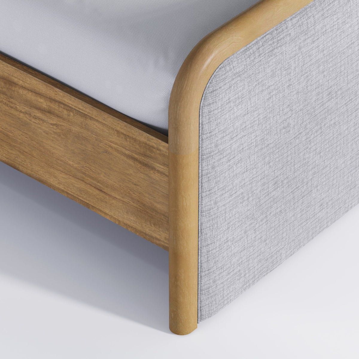 Wood Bed Frame in Feather Gray Upholstery | Size Queen
