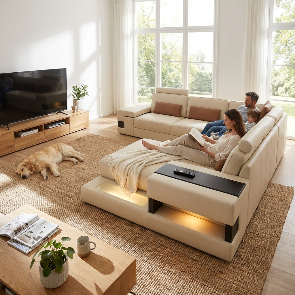 IN-STOCK Los Angeles Buffalo Full Leather U-Chaise Sectional - lifestyle