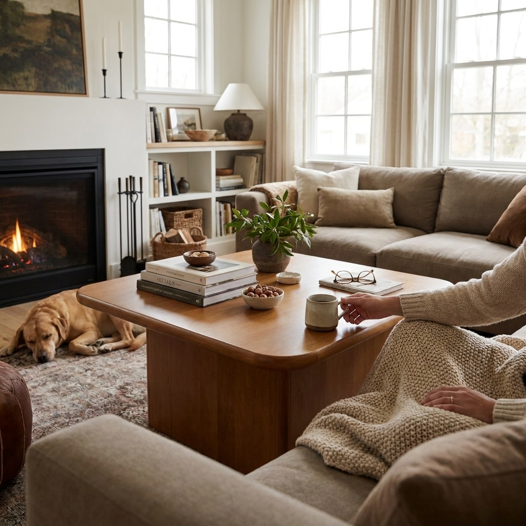 Modern Rustic Wood Square Coffee Table - lifestyle