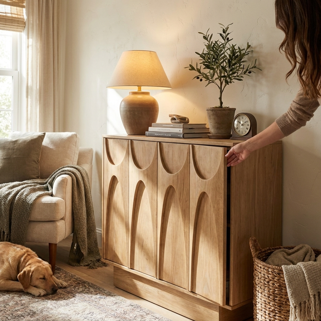 Mid Century Credenza Antique Carved Doors - lifestyle