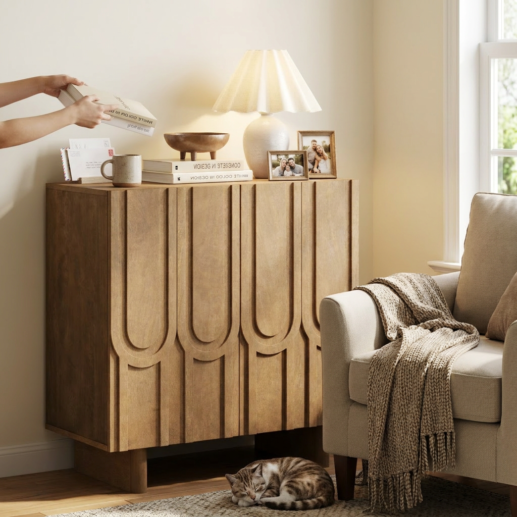 Mid Century Style Credenza Geometric Carved Doors - lifestyle