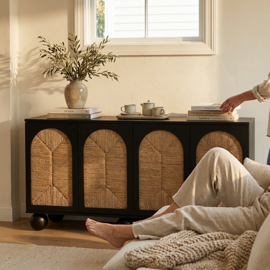 Seagrass Arched TV Console Cabinet Black - lifestyle