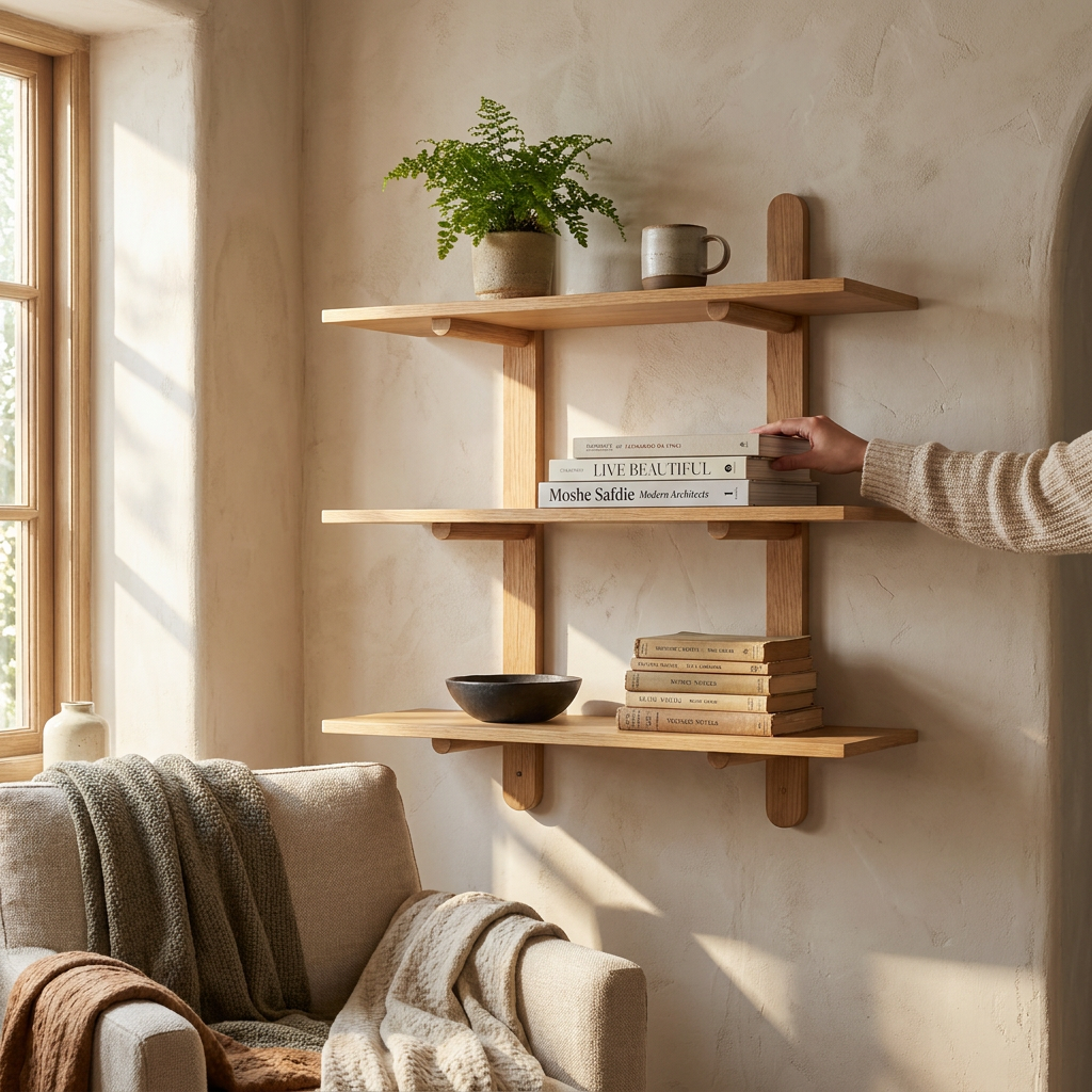 Mid Century Modern 3-Tier Wall Mounted Wood Shelf - lifestyle