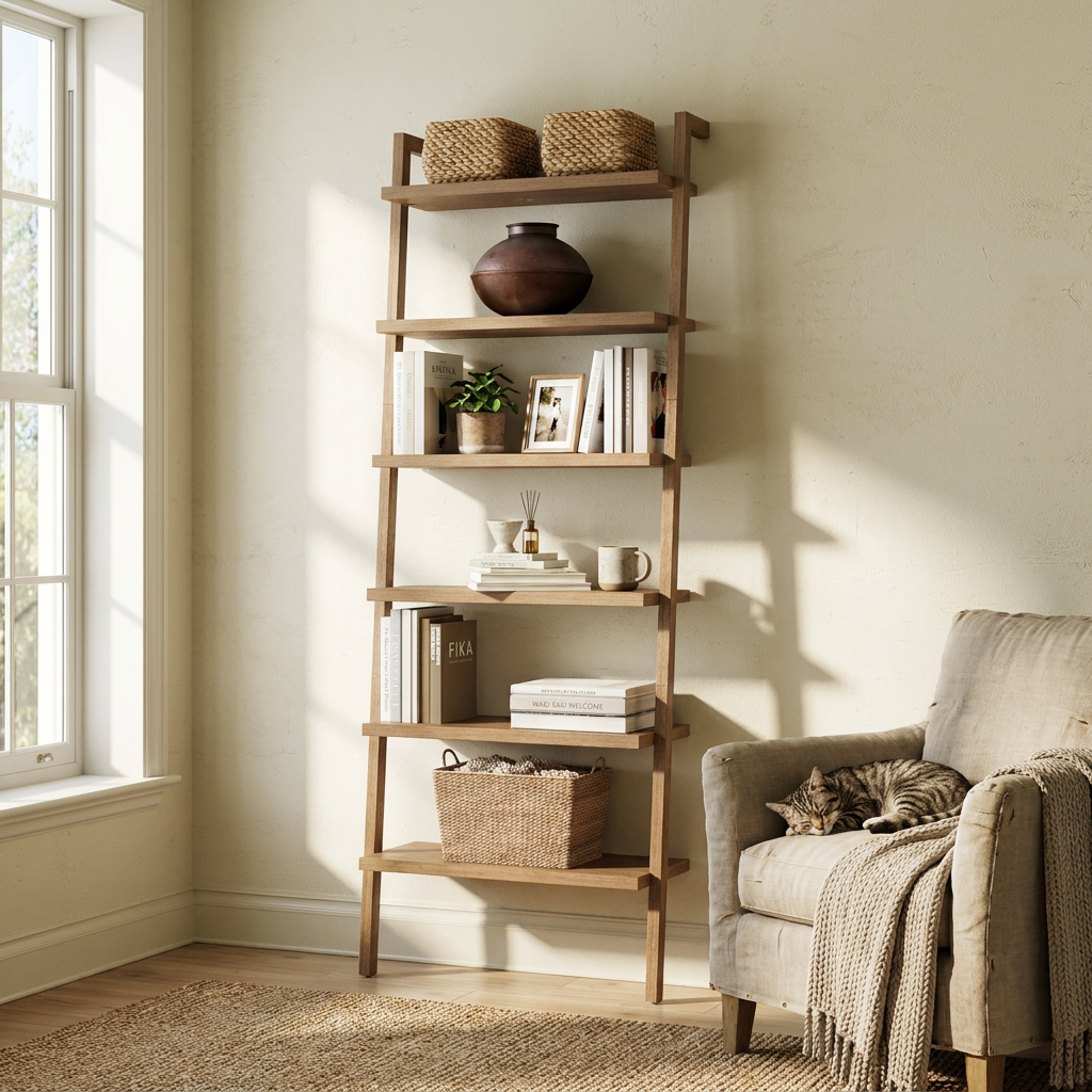 Modern 6-Shelf Wall Mounted Solid Wood Bookcase Light Brown - lifestyle