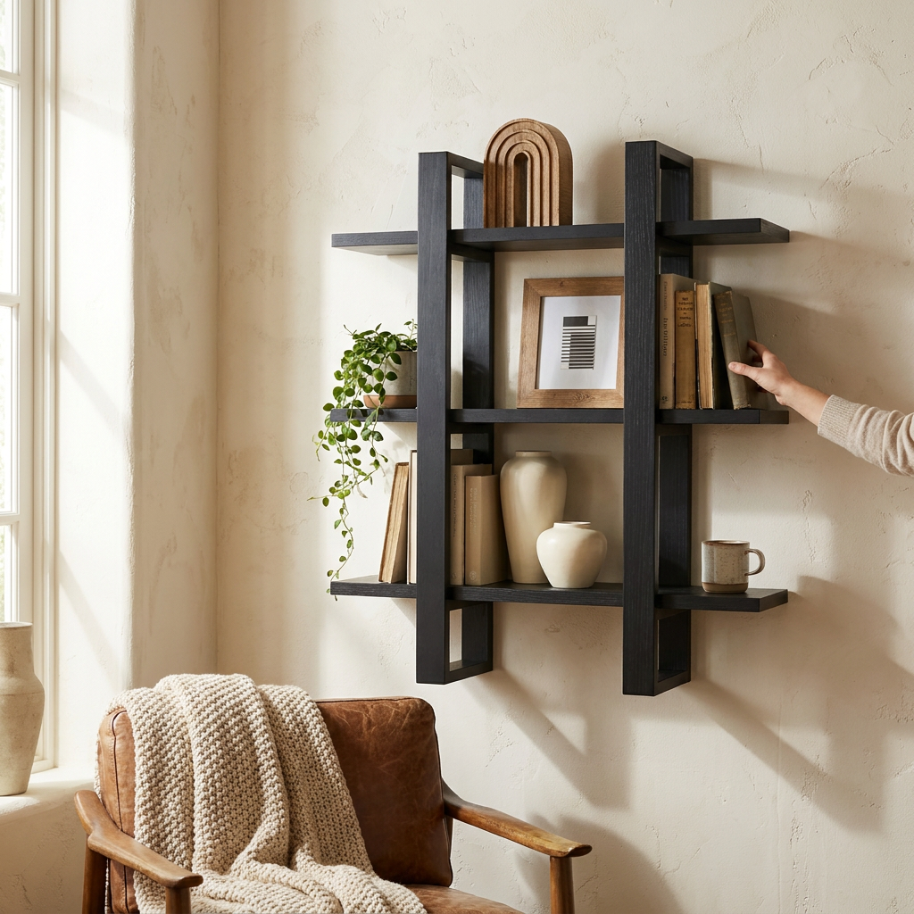 Solid Wood Modular Floating Wall Shelf Black Oak - lifestyle