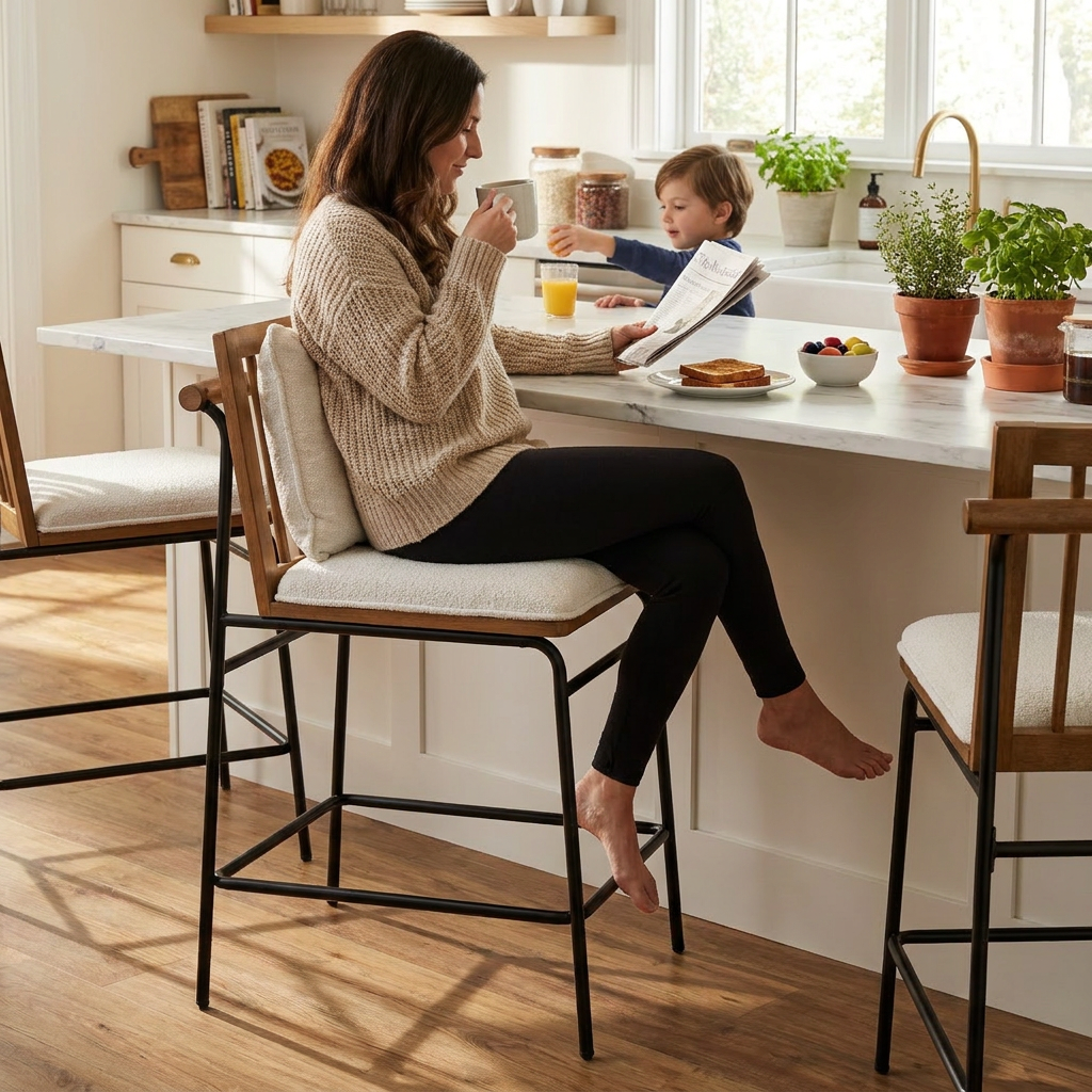 Metal Bar Stool with Cushion and Solid Wood Frame - lifestyle