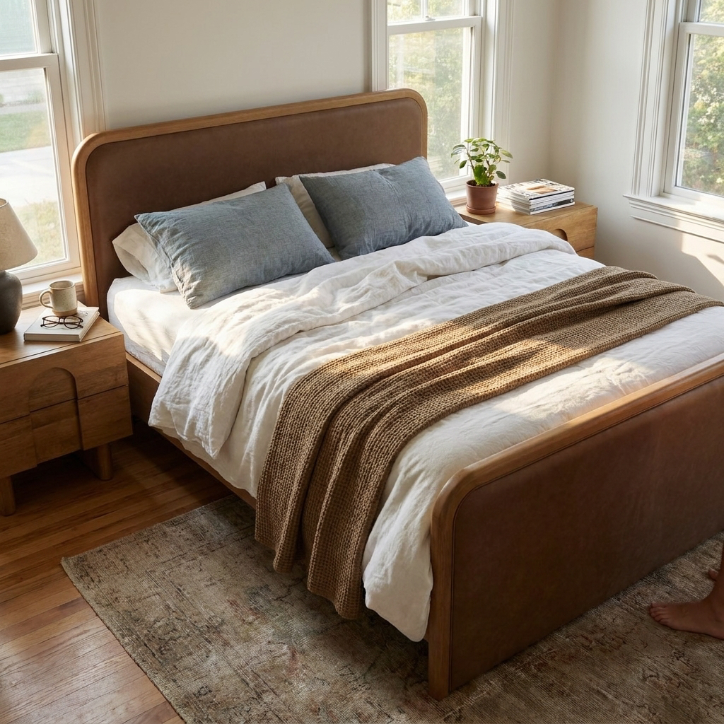 Queen Rounded Faux Leather Bed Frame with 2 Nightstands - lifestyle