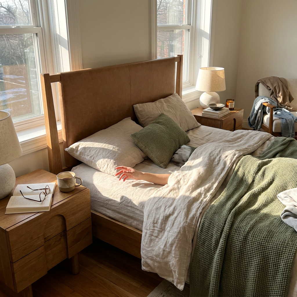 Faux Leather Queen Bed Frame with 2 Arched Nightstands - lifestyle