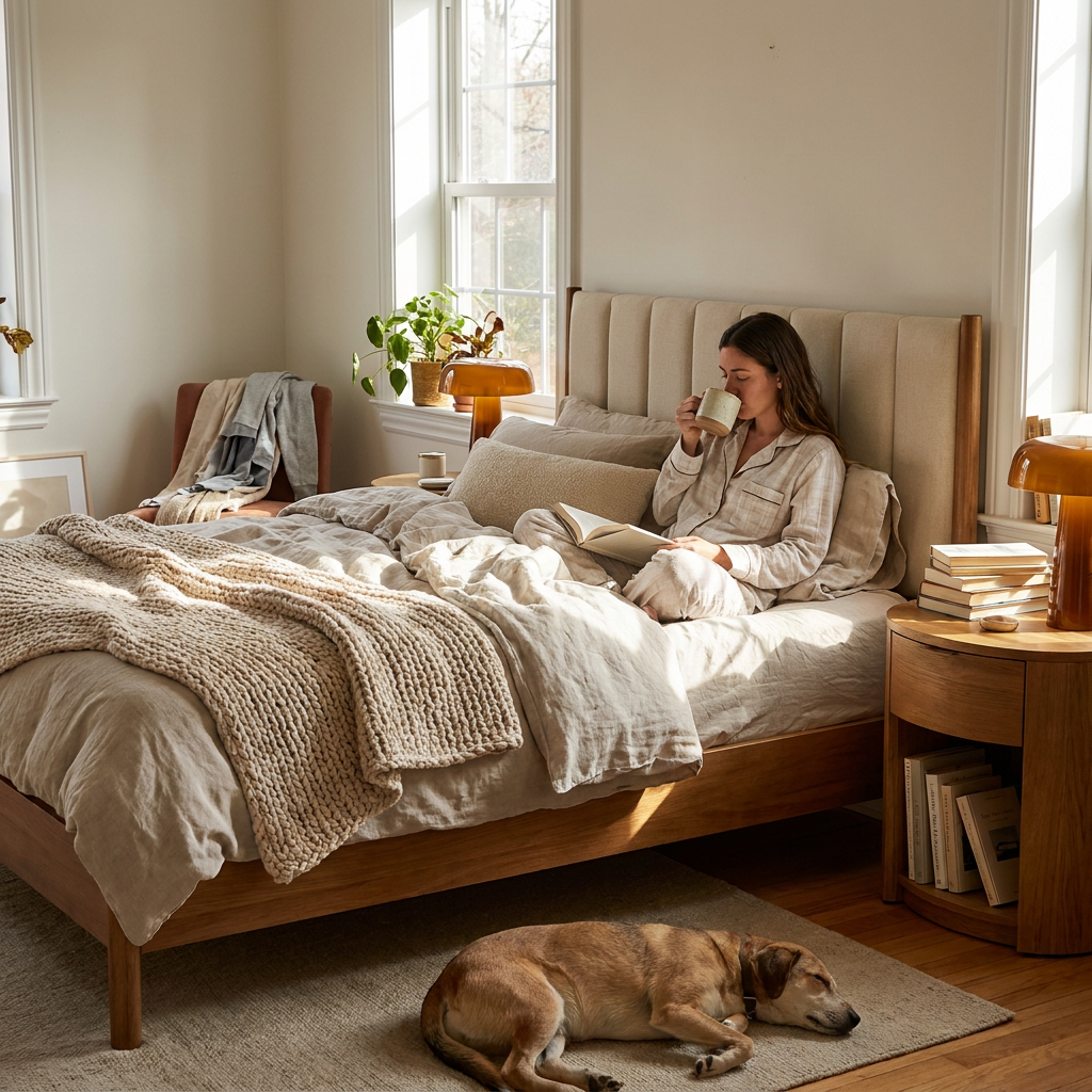 Modern Queen Bed Frame with 2 Curved Nightstands - lifestyle