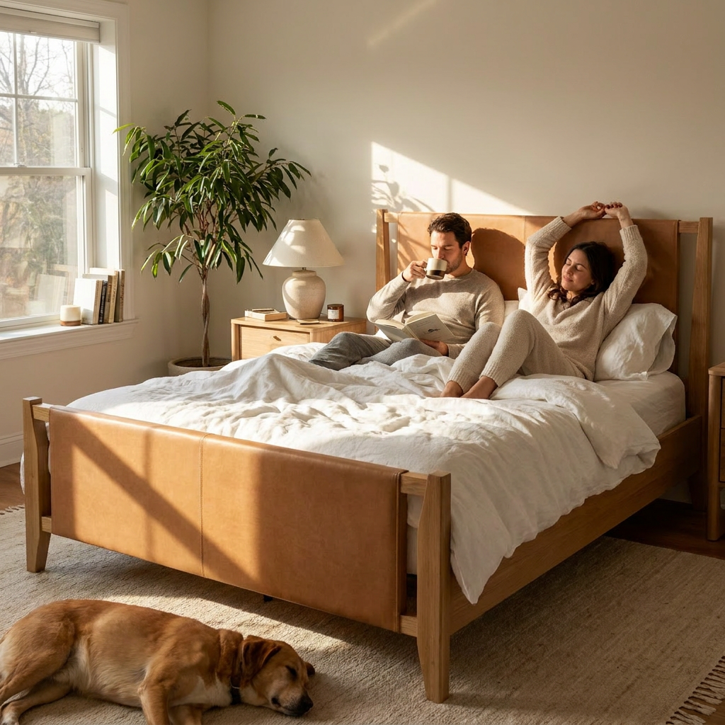 Wood & Faux Leather Bed Frame with Headboard Queen - lifestyle