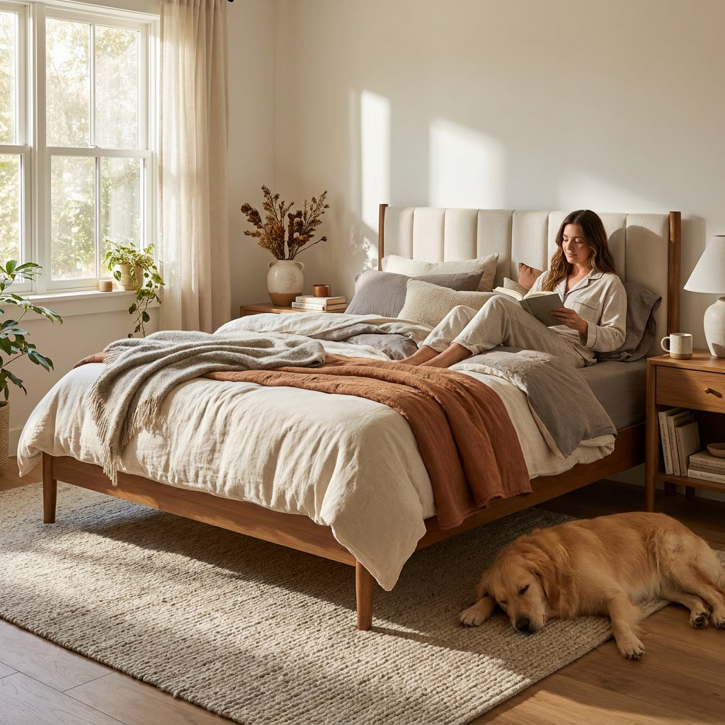 Mid-Century Upholstered Bed Frame Boucle Headboard Queen - lifestyle