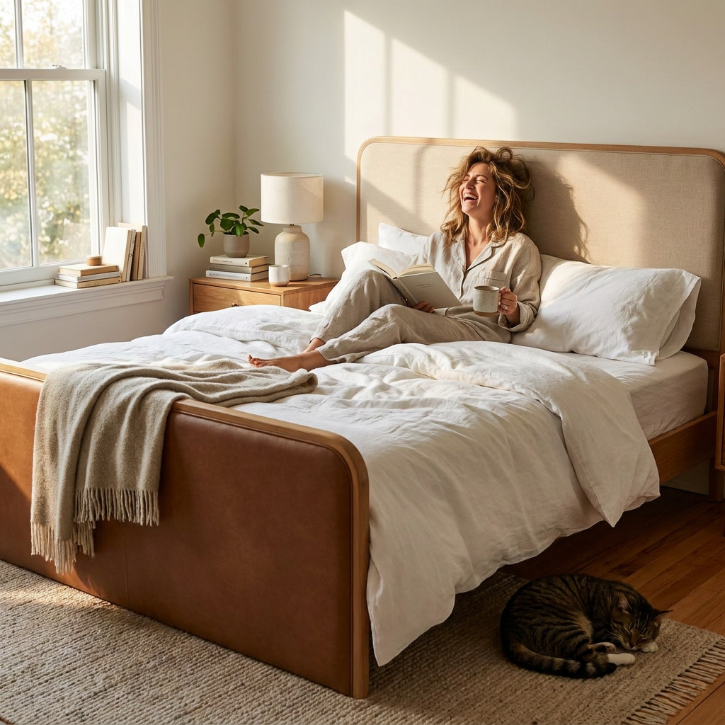 Wood Bed Frame Light Brown Faux Leather King - lifestyle