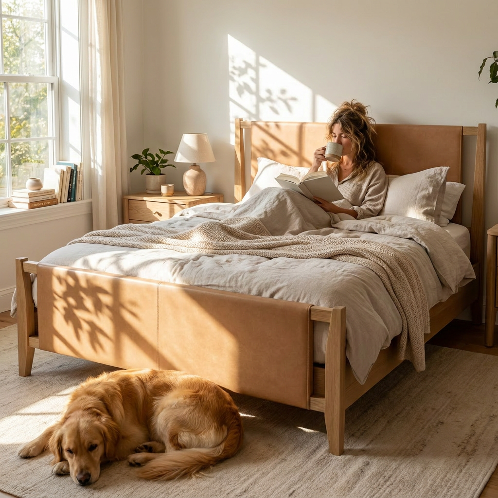 Wood & Faux Leather Bed Frame with Headboard King - lifestyle