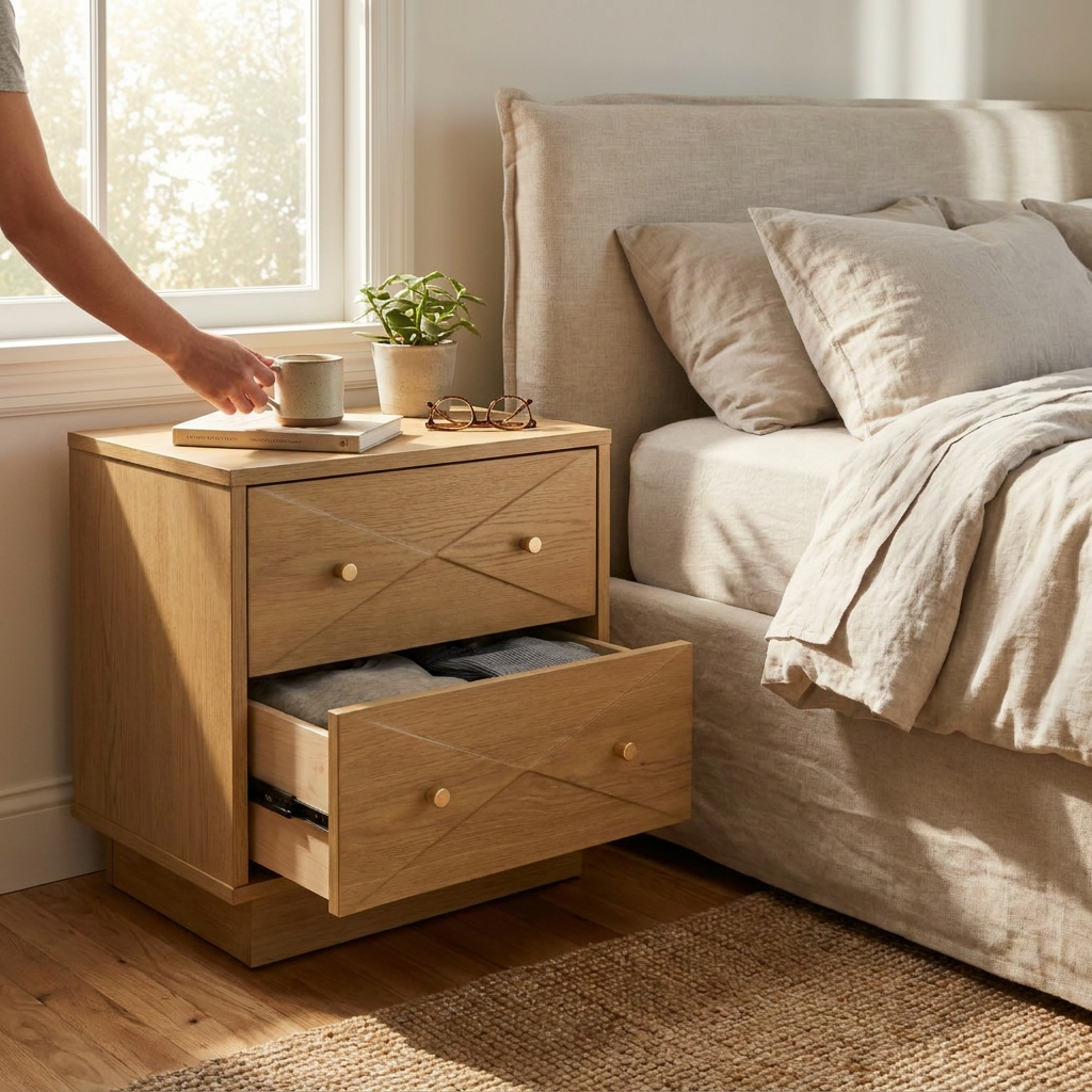 Geometric Wood Modern Nightstand with 2 Drawers - lifestyle