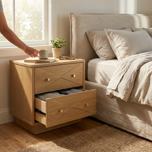 Geometric Wood Modern Nightstand with 2 Drawers - lifestyle