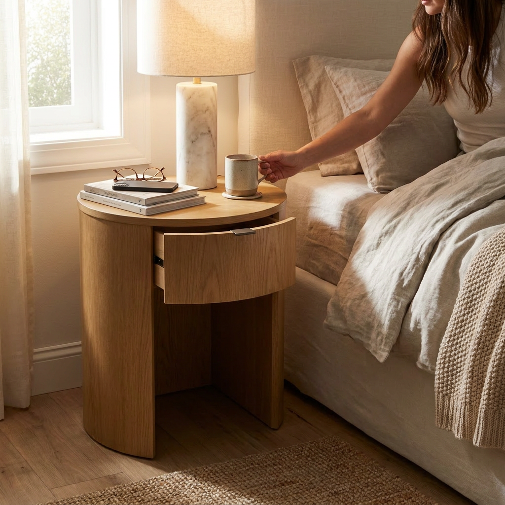Modern Wood Curved Nightstand with Drawer - lifestyle