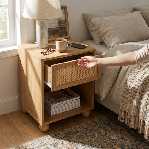 Coastal Rattan & Wood Nightstand with Storage - lifestyle