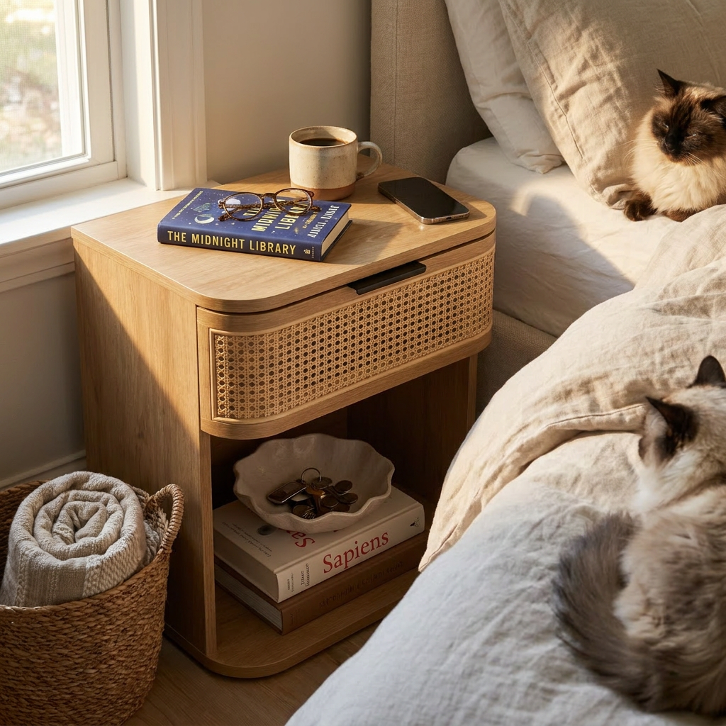 Curved Rattan Nightstand with 1 Drawer - lifestyle