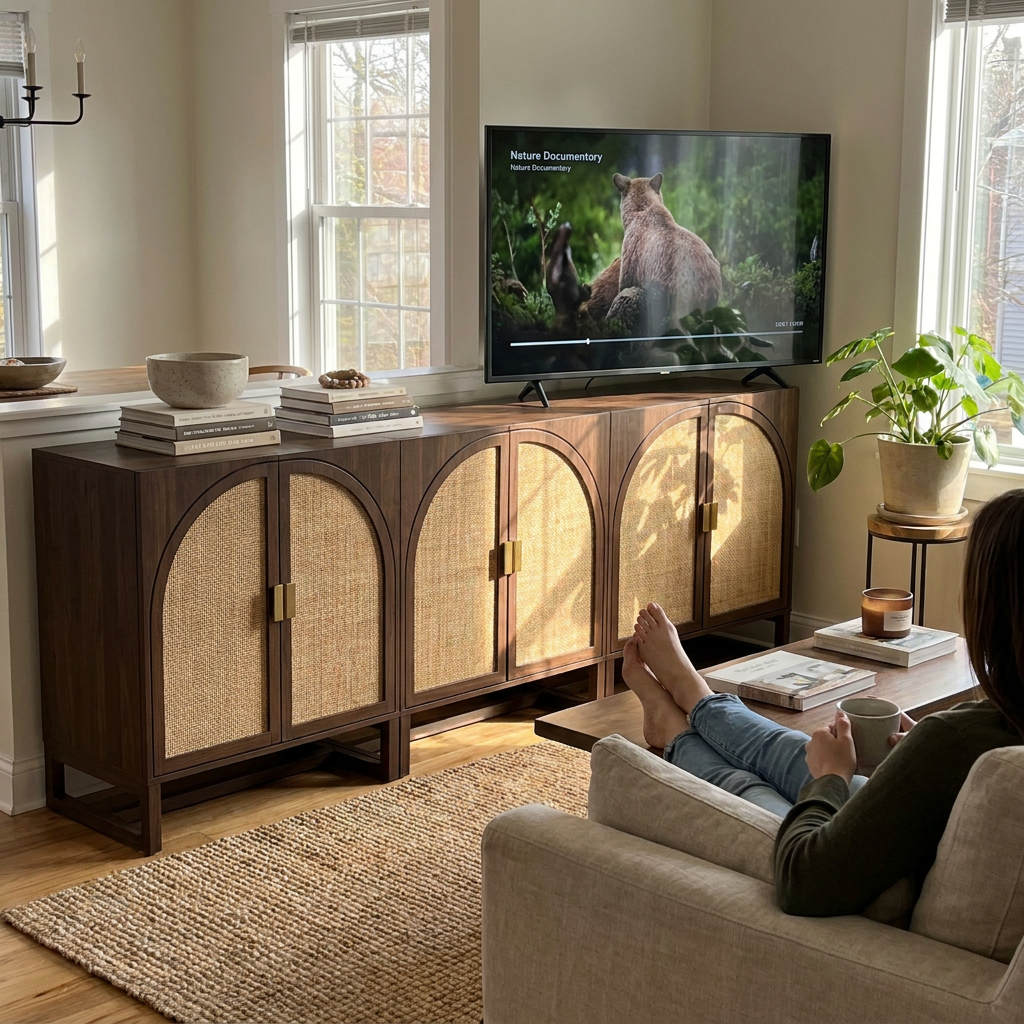 Rattan Arched TV Console Stand Brown - lifestyle