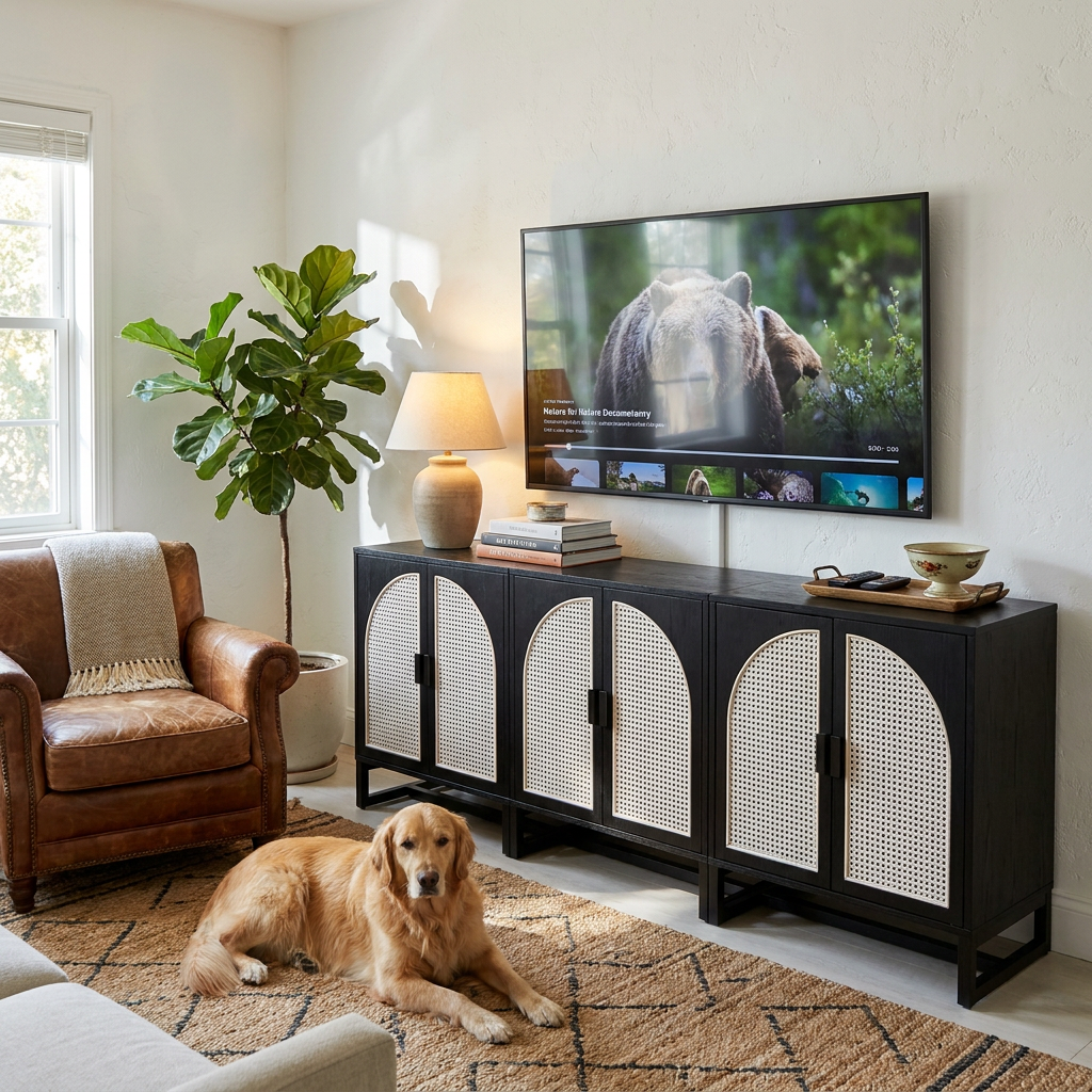 Rattan Arched TV Stand Media Console Black - lifestyle
